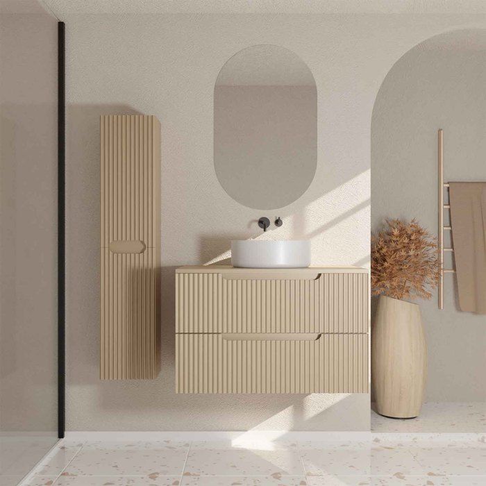 Meuble et colonne de Salle de Bains LEON 80cm Marron Glace - Façades Ondulées - Vasque Ronde 36cm