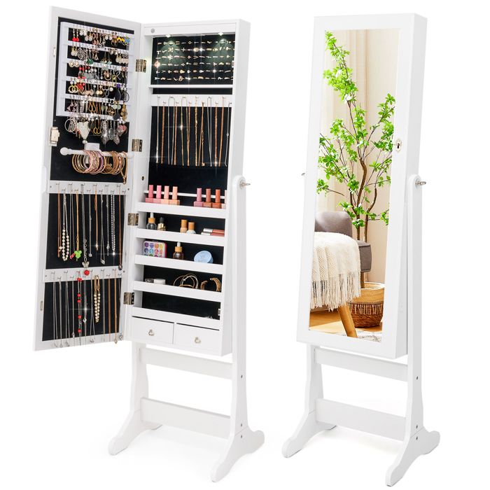 Armoire à Bijoux avec Miroir - RELAX4LIFE - Eclairage LED - Angle dInclinaison Réglable - 4 Positions Réglables - Blanc