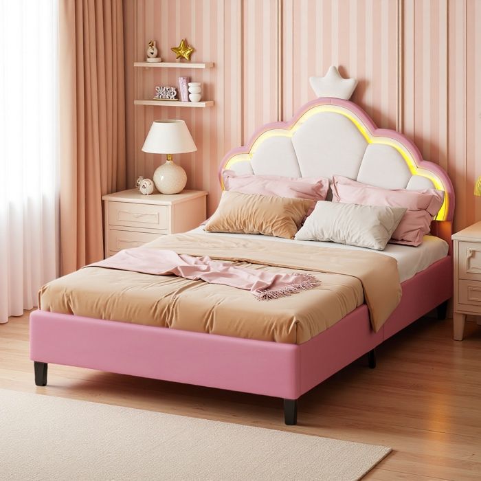 Lit Princesse Fille 140x200 - Couronne Lumineuse LED RGB - Sommier Inclus - Velours Rose - Hauteur Réglable