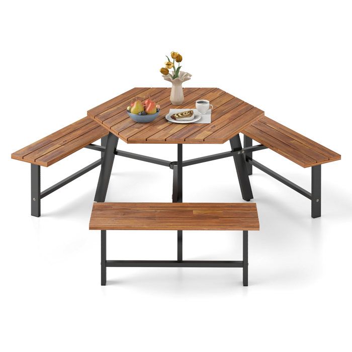 Ensemble Table et 3 Bancs en Bois dAcacia COSTWAY pour 6 Personnes Trou pour Parasol Plateau Rainuré pour Jardin Patio Véranda