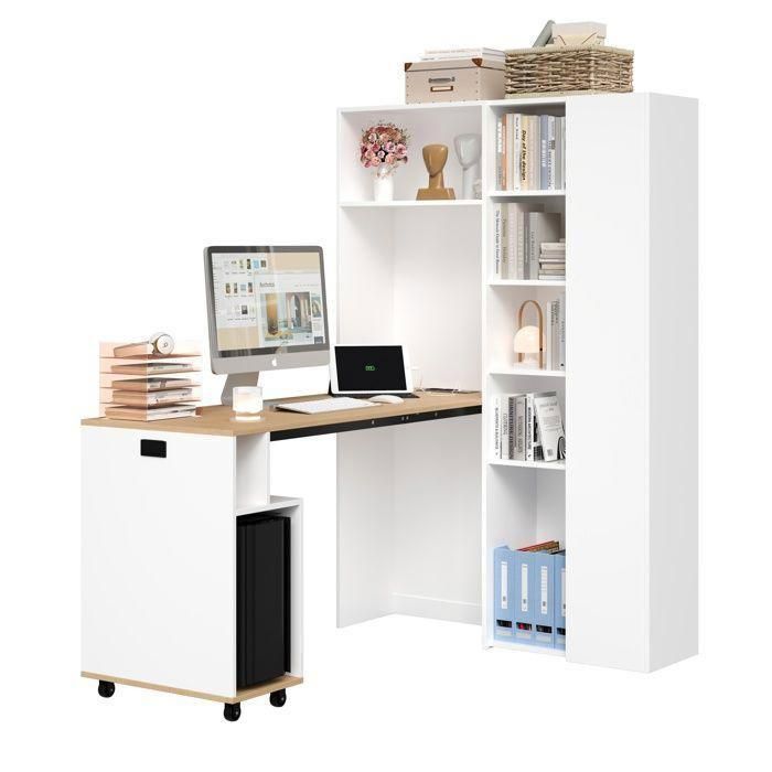 Table pliante 2 en 1 O.Ye bibliothèque et bureau avec prises et ports USB étagères réglables en hauteur Blanc blanc BUREAU
