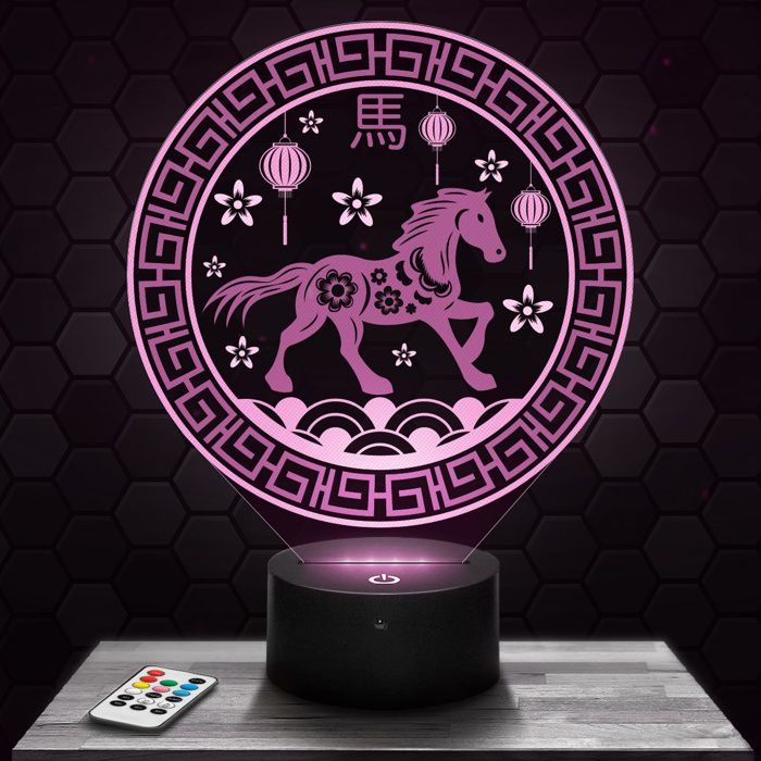 Lampe 3D - Cheval Signe Astro Chinois - Accessoire Objet Cadeau Astrologie - Veilleuse Led Tactile avec socle au choix