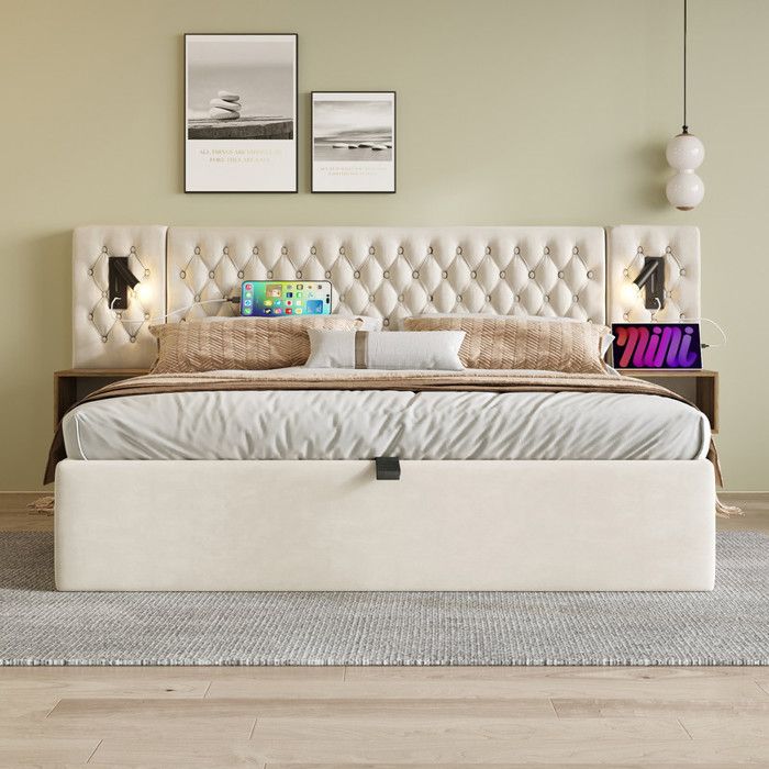 Lit rembourré double 160x200cm tables de chevet lampe de chevet avec port USB lit coffre Sommier à lattes Velours beige