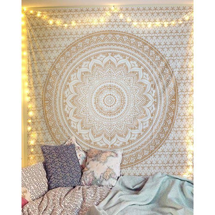 Tapisserie blanc doré - Tenture murale Ombre - Mandala drap mural golden mandala tapestry pour déco murale 200cm x 150cm