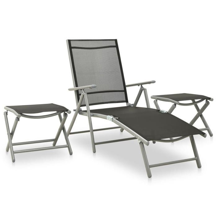 Salon de jardin pliable - BURKE - 3 pièces - Aluminium - Textilène - Noir et argenté - 178x61 5x60 cm - 50x41x38 cm