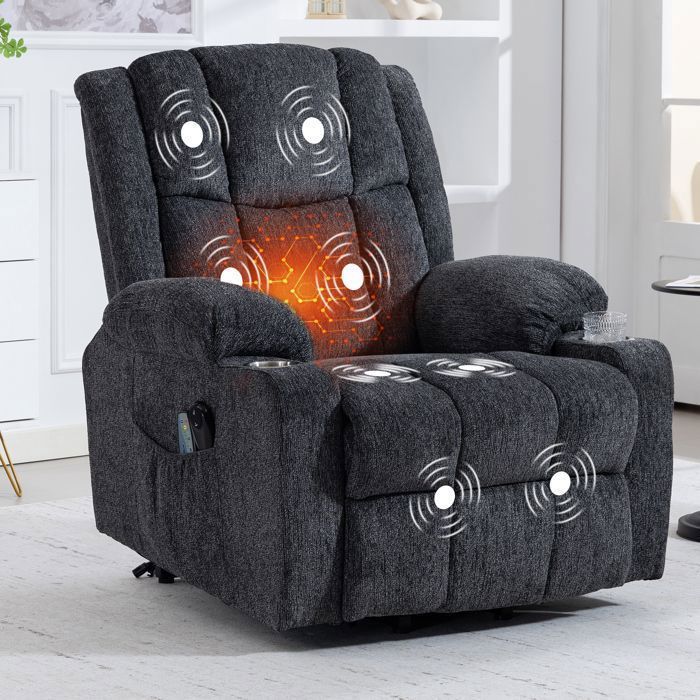 Fauteuil massant bergère - Fauteuil relax électrique - avec poches et porte - gobelet - 91x84x106cm - gris foncé