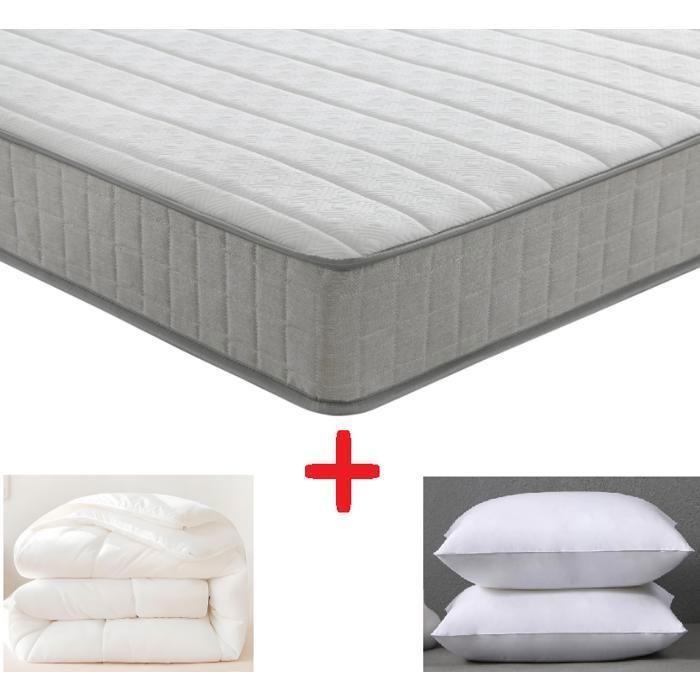 Ensemble matelas 140x200 cm couette et oreillers - Mémoire de forme - 20 cm - Ferme - Hypoallergénique - 2 places