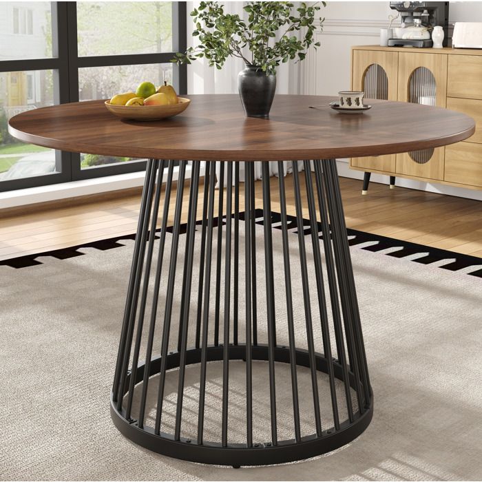 Table à manger ronde pour 4 personnes. table de salon de cuisine. MDF. 80×80×76cm. pieds en métal. marron + noir