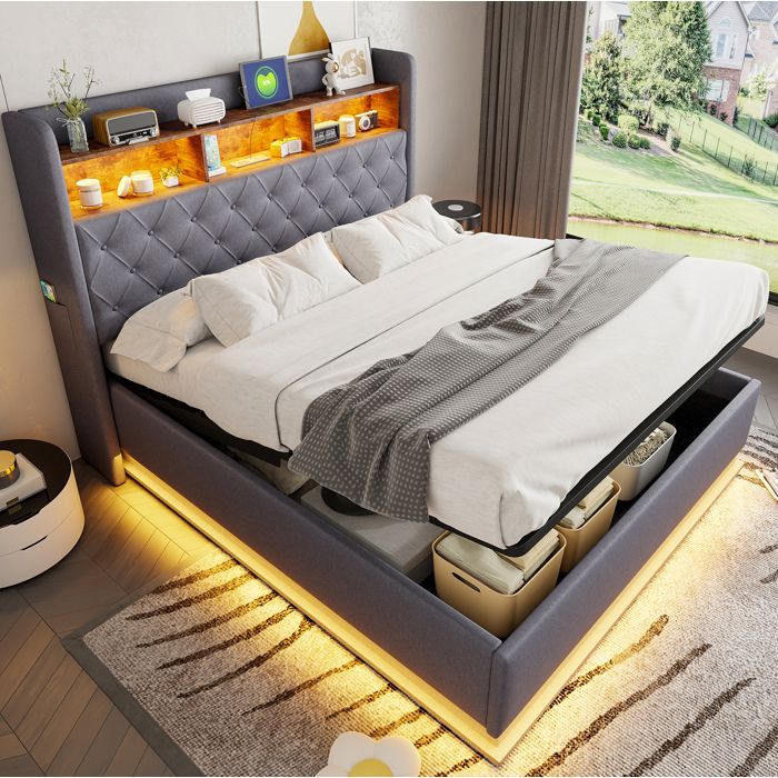 Lit coffre rembourré gris 160 × 200 cm avec LED USB et rangement hydraulique