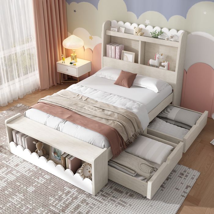 Lit enfant - KOMHTOM - 90x190 - Bois massif chêne - 2 tiroirs + banquette rangement - Sommier à lattes