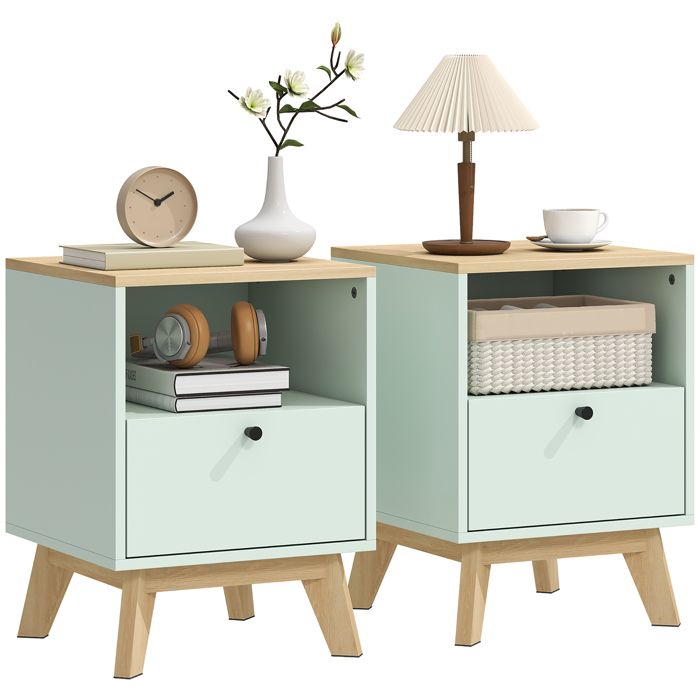 Lot de 2 tables de chevet - HOMCOM - tiroir et compartiment ouvert - MDF - 40x30x50cm - chêne et vert clair