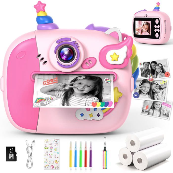 Appareil Photo Instantané Enfant – Écran 2,4 Pouces, 1080p, 32 Go, Impression Thermique 1s, Selfie, Filtres, Cadeau Fille 3-12 Ans, Rose