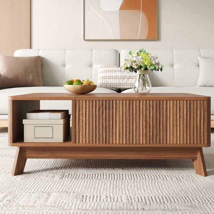 Table basse relevable en MDF noyer avec rangement caché et niche ouverte