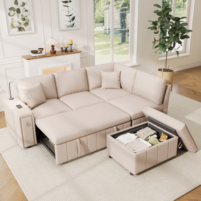 Canapé dangle escamotable en L tabouret de rangement table basse pliante ports USB et Type-C liseuse et 2 coussins beigeLin