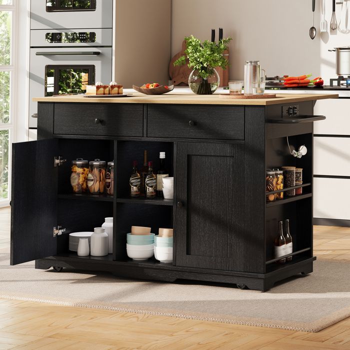 Îlot de cuisine mobile 1515x597x917cm noir effet bois desserte à roulettes avec prises plan rabattable 2 tiroirs 6 rangements