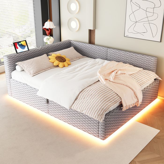 Canapé-Lit Méridienne Velours Gris 140x200 – Coffre Hydraulique Dossier L LED USB Type-C Sommier à Lattes Sans Matelas