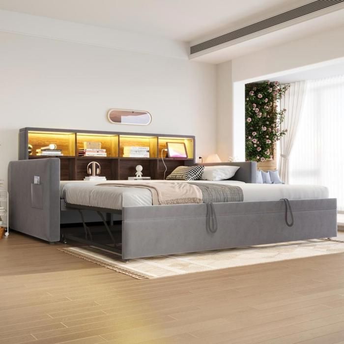 Canapé‑lit convertible - KOMHTOM - 90x190 Velours - Lit gigogne - Rangements tête avec LED et prises - Gris foncé Canapé‑lit convertible - KOMHTOM - 90x190 Velours - Lit gigogne - Rangements tête avec LED et prises - Gris foncé