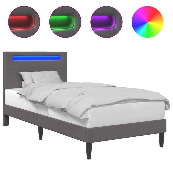 Structure de lit - Cadre de lit simple avec bandes LED - vidaXL - simili cuir gris - 90 x 190 cm 9137843