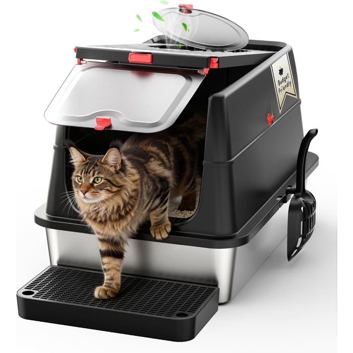 Bac à Litière Chat XXL Acier Inoxydable SUS304 - Fermé Couvercle Rabattable Anti-Odeur Anti-Fuites Pelle et Pédale Inclus