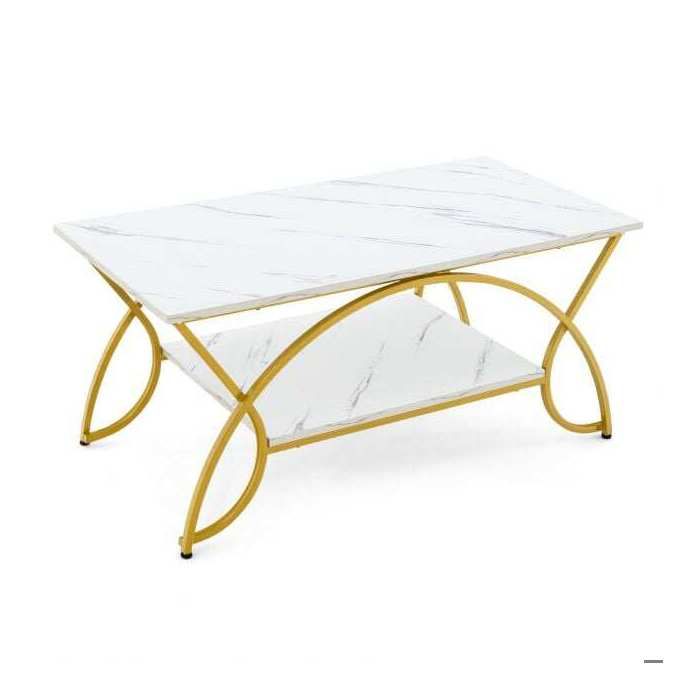 Effet marbre blanc table basse 2 niveaux avec rangement cadre métal doré pour salon ou bureau