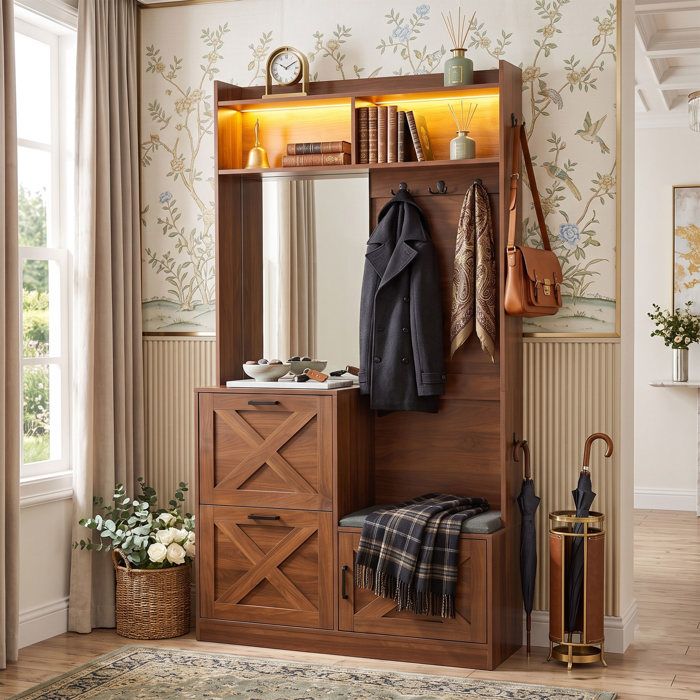 Meuble dentrée vestiaire 100x25x180 cm grand rangement gain de place  Miroir LED App banc à chaussures - Noyer