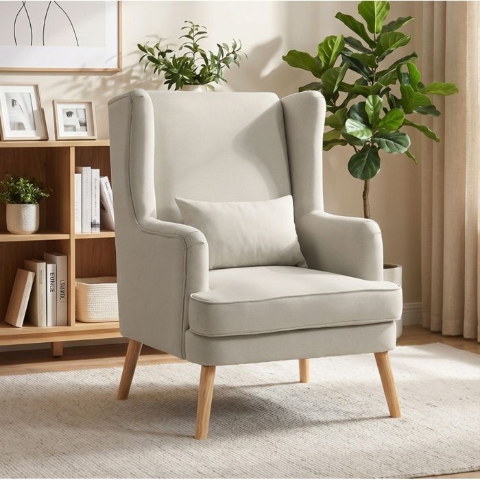 COVREO Fauteuil bergère beige dossier haut 64 cm coussin lombaire tissu aspect lin