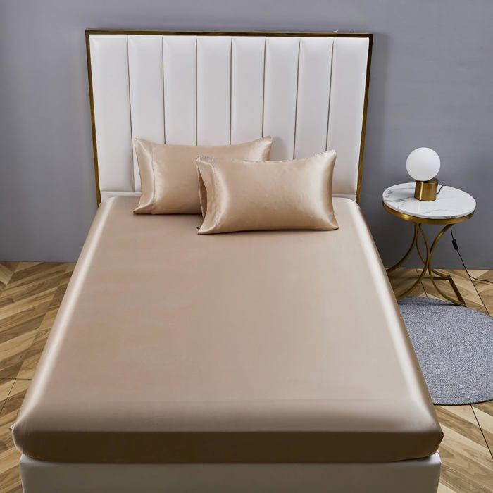 Drap housse satin 200x200 cm beige doré uni - bonnet 30 cm - polyester respirant