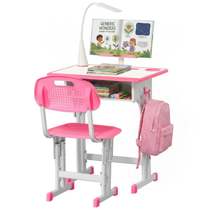 Bureau enfant avec chaise - Table de travail scolaire - Structure en acier - Âge 6 à 12 ans - Rose - 60 x 45 x 102 cm - ZENLINKJH