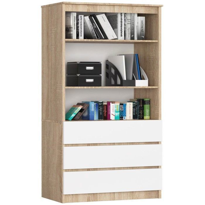 Bibliothèque de bureau AKORD R60 Chêne Sonoma 60 cm 3 tiroirs façade Blanche 3 étagères 60x35x180 cm Bibliothèque de bureau AKORD R60 Chêne Sonoma 60 cm 3 tiroirs façade Blanche 3 étagères 60x35x180 cm