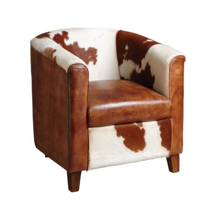 Fauteuil club en cuir et peau de vache - Bureau - Classique - Intemporel - Blanc et marron