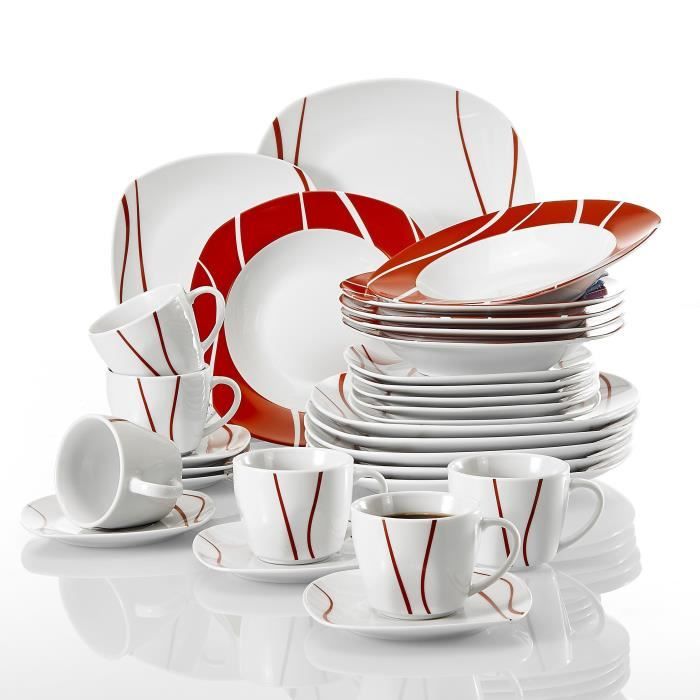 Malacasa Série FELISA 30pcs Porcelaine Service de Table Tasses à Café Soucoupes Assiette à Dessert Soupe Creuses Plates Plat