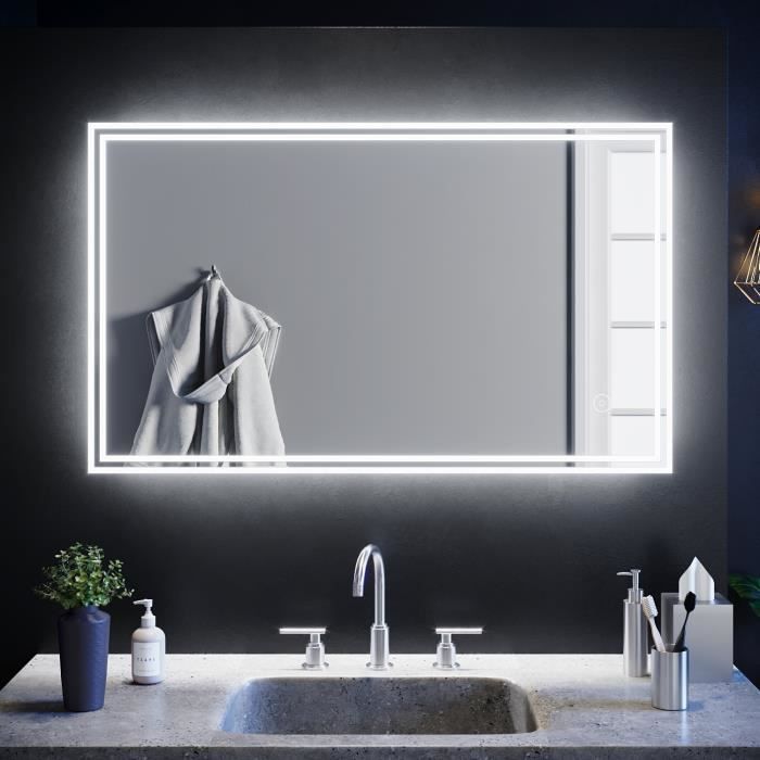 SIRHONA 100x60cm Miroir de Salle de Bains avec éclairage LED Miroir Cosmétiques Mural Lumière Illumination avec Commande par