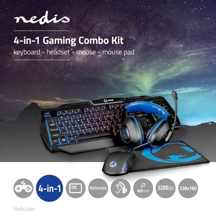  PACK GAMER 4 EN 1 RGB PS5 SWITCH XBOX Clavier casque souris et tapis de souris Noir/Bleu 