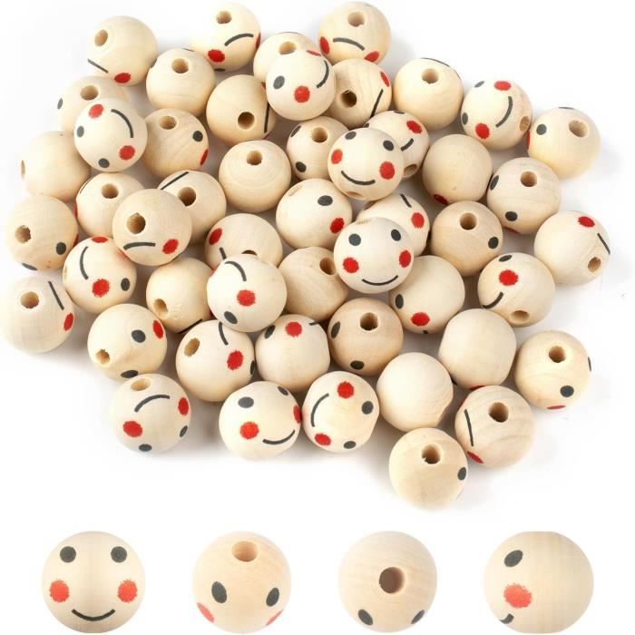 lot de 50 perles rondes en bois avec tête de poupée souriante de 20 mm avec trou de 5 mm pour bricolage, bracelet, macramé, collier