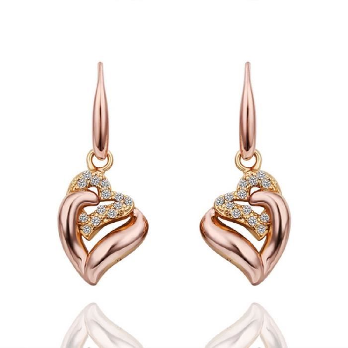 Boucles D'oreilles Cœur En Zircon Plaqué Or Rose - Dormeuses, Cristal, Livraison Rapide 48H