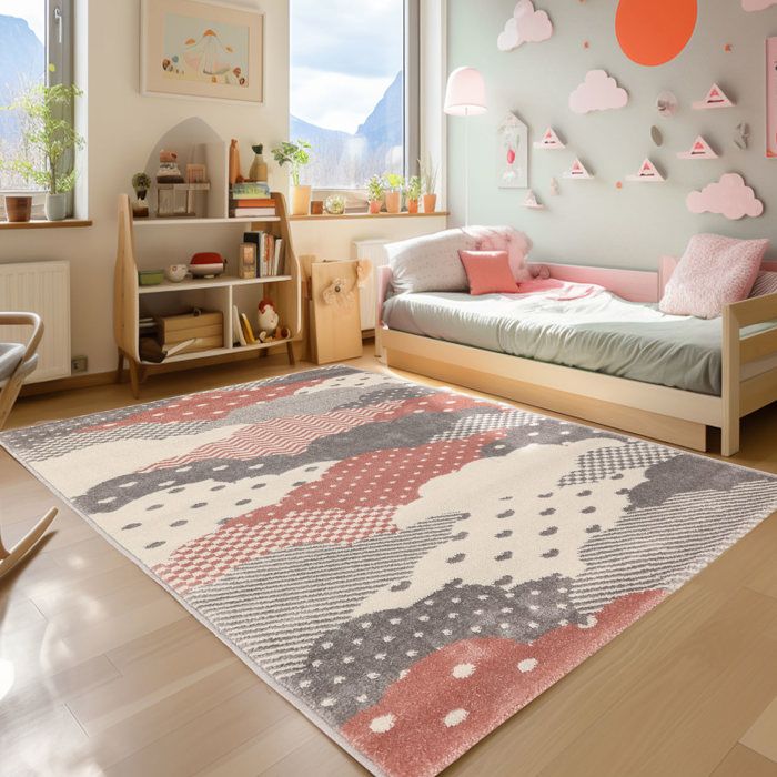 Tapis Enfant Poils Courts - Nuage - Multicolore Gris Rose - 80x150 cm