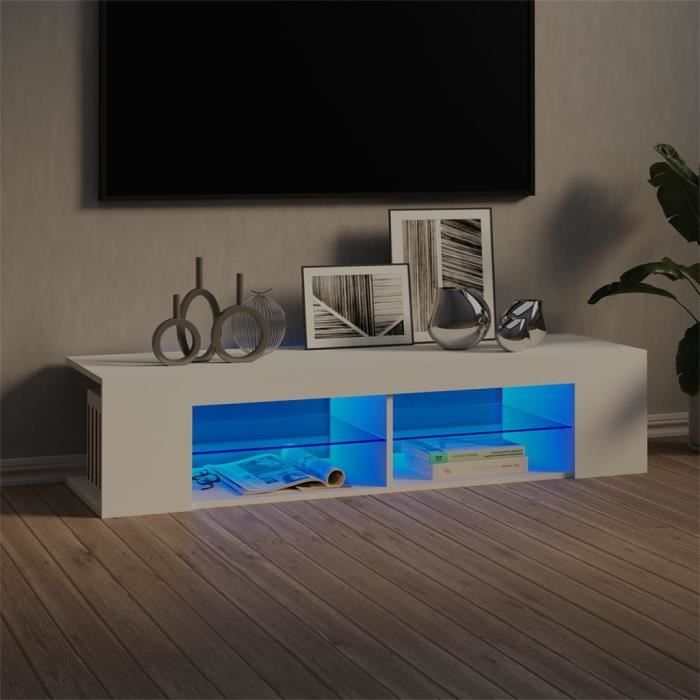 meuble tv bas sur pieds scandinave - table basse multifonction - avec lumières led blanc 135x39x30 cm