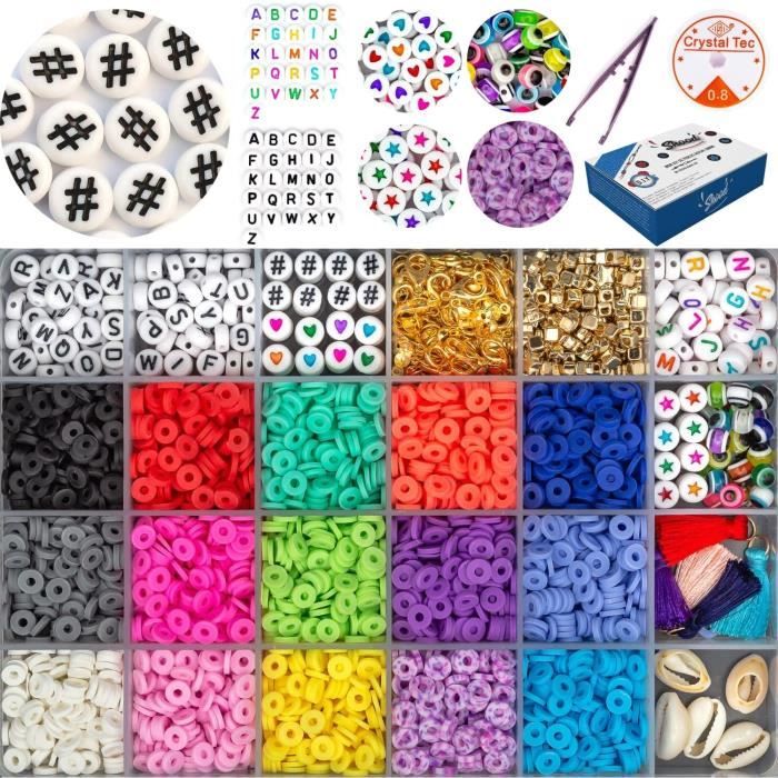 Perles Lettres pour DIY Bijoux Collier Bracelet Perles Plates Perles pour Bijoux Perles heishi 6mm avec Corde en Cristal et Les Ciseaux Hanbee Kit Perle Enfant 4270 pcs Perles pour Bracelet