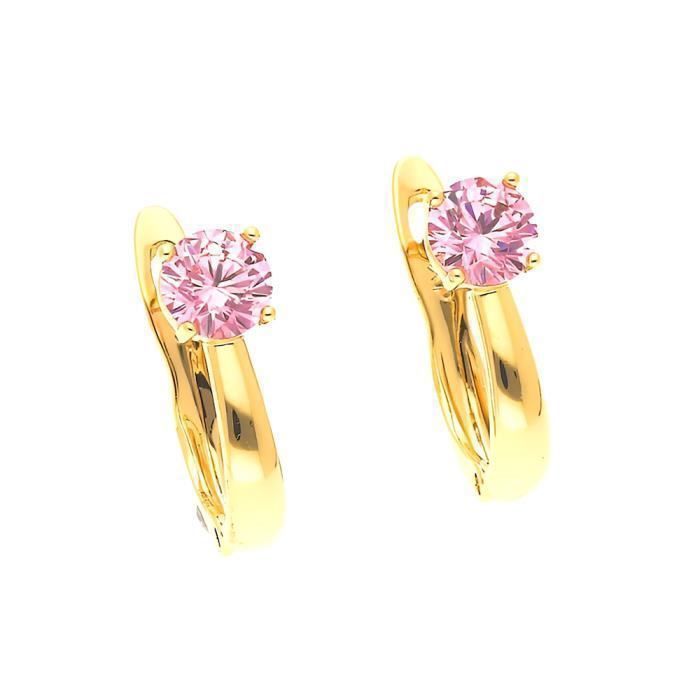Boucles dOreilles - Femme/Enfant - Dormeuses - Solitaire - Cristal - Rose - Plaqué Or Jaune 750/1000 - 3 Microns