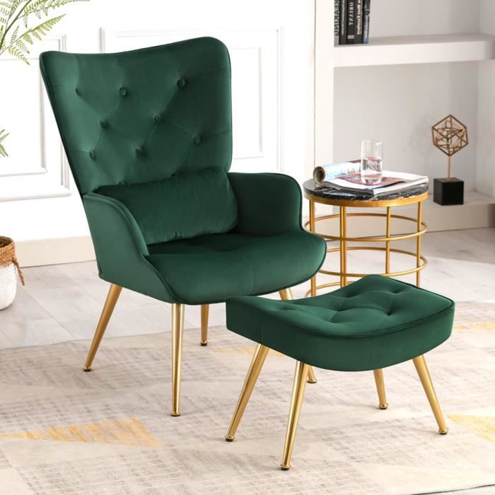 fauteuil scandinave avec repose-pieds,support lombaire et pieds en métal, fauteuil ergonomique boutonnée de dossier vert foncé