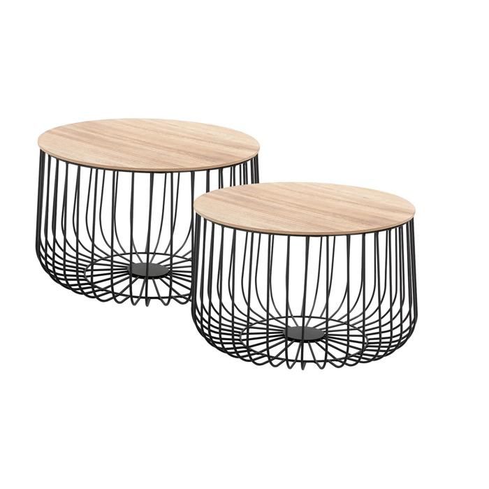 lot de 2 tables d'appoint - idimex - padova - décor bois naturel - paniers en métal noir mat