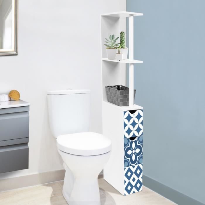 Meuble Wc Etagere 2 Portes Motif Carreaux De Ciment Bleu Achat