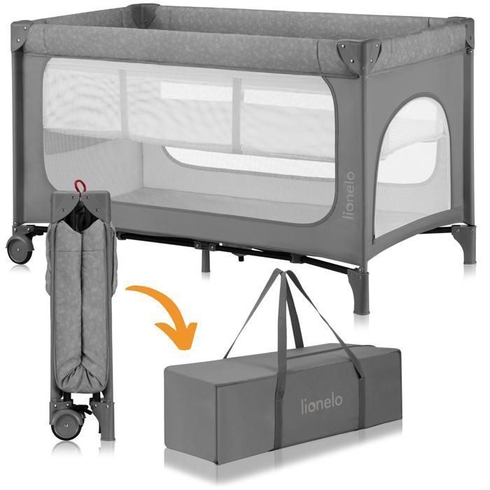 Lit parapluie 2en1 LIONELO Jasmin - Parc bébé - Matelas en mousse T25 - Pliage Rapide - 2x Roulettes - Jusquà 15 kg - Gris