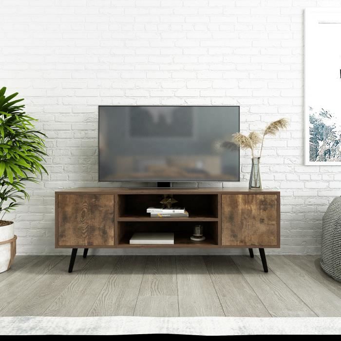 Meuble Tv En Bois Avec Pieds En Metal Avec Etageres Et Trous De Cable Pour Salon 2 Portes Meerveil Cdiscount Maison
