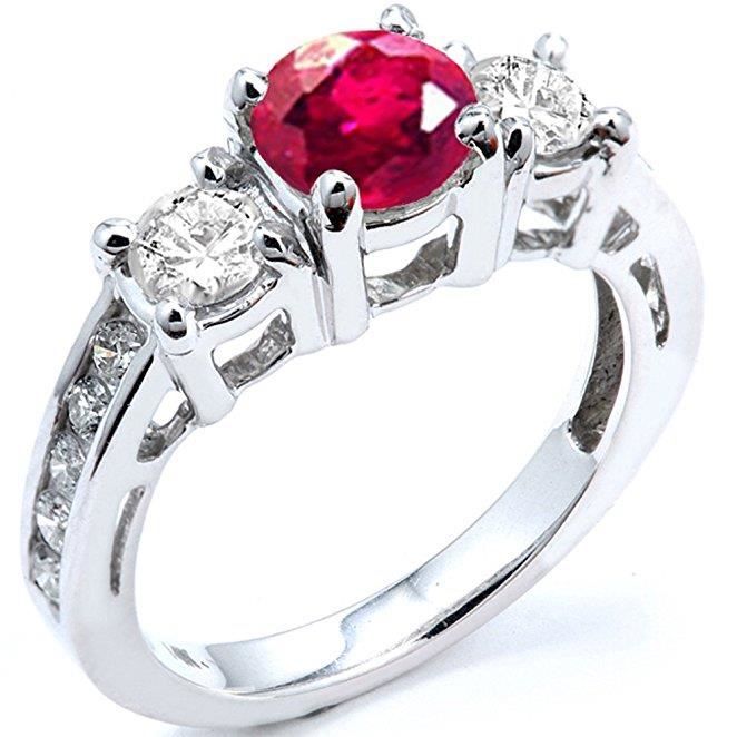 Bague Femme Bague De Fiancaille 18 Ct Or Blanc Rond Rubis Et