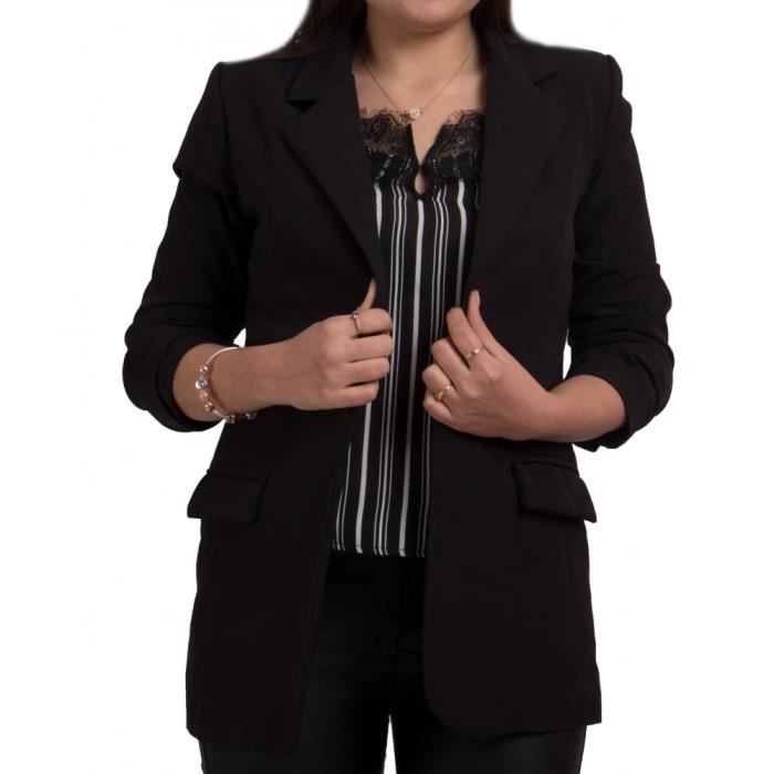 Veste Blazer Femme Mi Longue A Manches Froncees 3 4 S Noir Cdiscount Pret A Porter