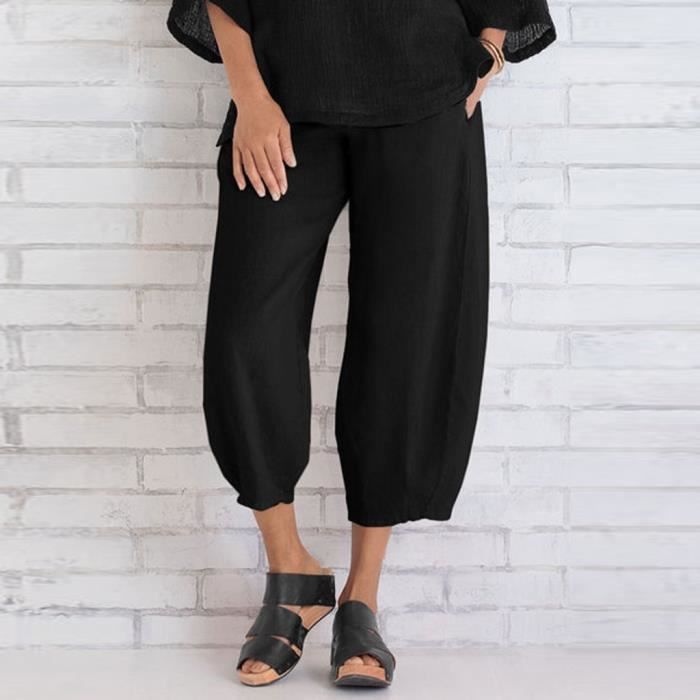 Femmes Coton taille haute couleur solide Pantalon Pantacourt Pantalon pour dames Noir