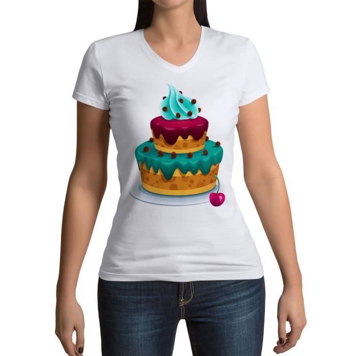 T Shirt Femme Col V Dessin Gateau D Anniversaire Gourmandise Enfant Blanc Cdiscount Pret A Porter