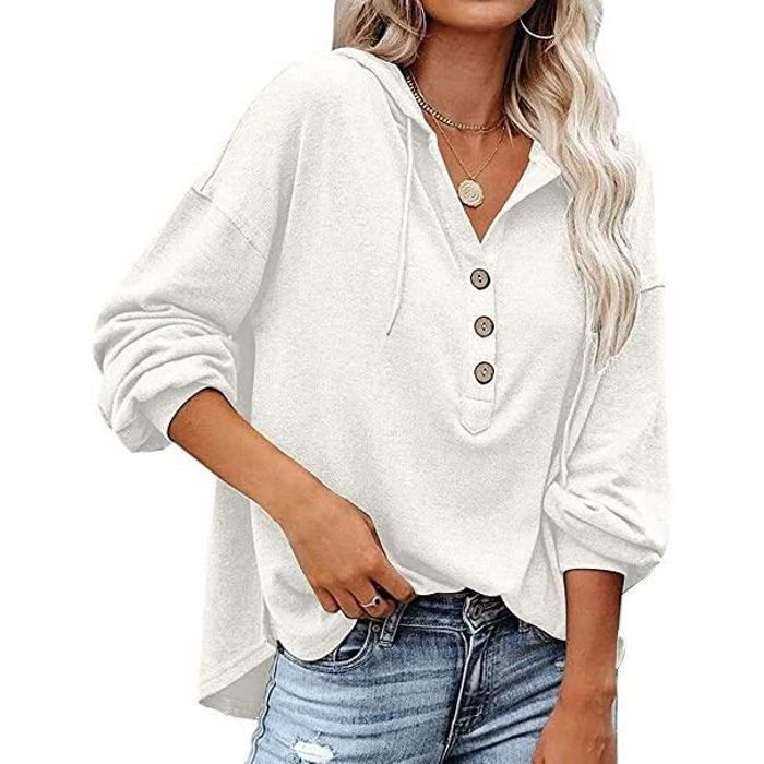 Sweat à capuche pour femme, sweat à col en V boutonné, sweat à capuche décontracté, pull à capuche