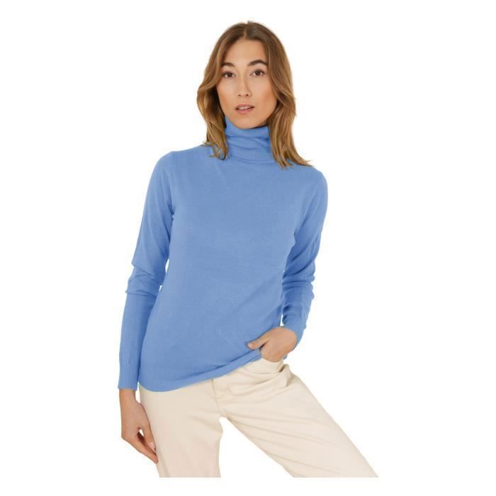 Ki & Love - Pull femme manches longues - Pull col roulé couleur bleu.